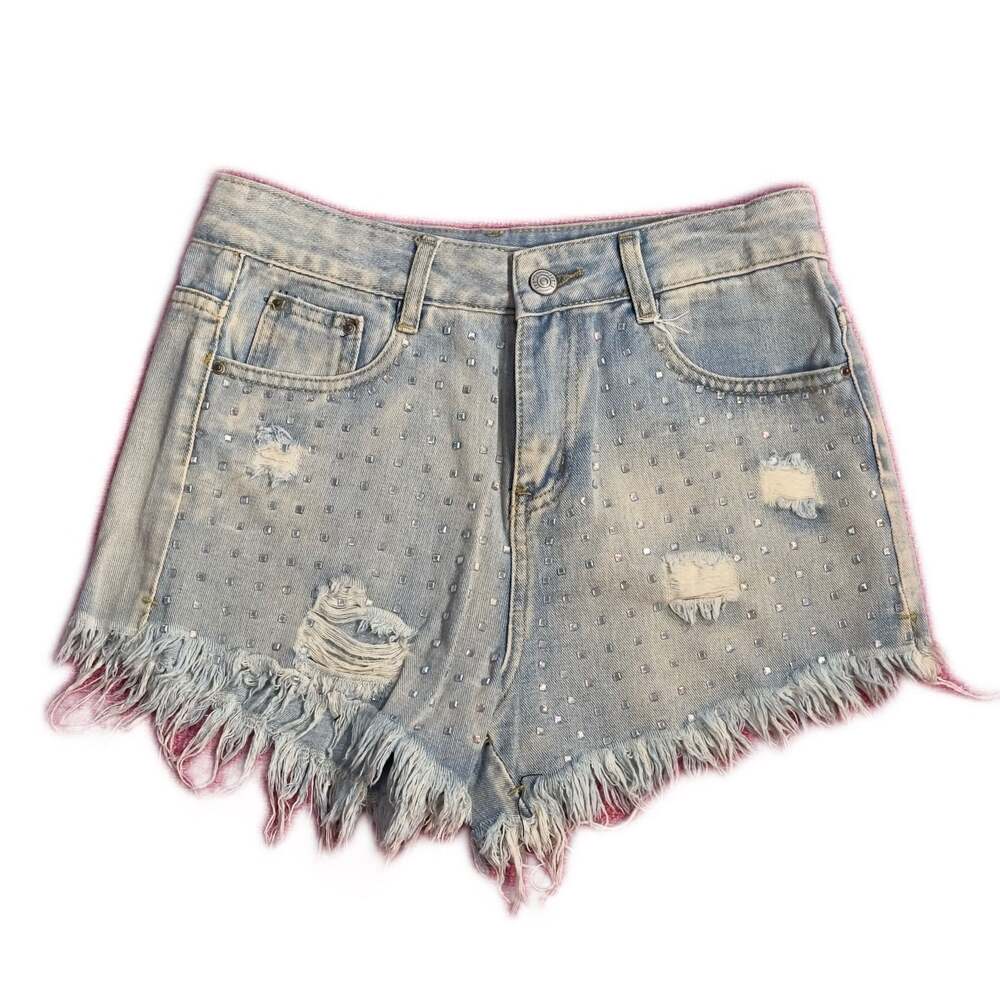 Light Wash Distressed Denim Shorts with rhinestone Studs and Frayed Hem